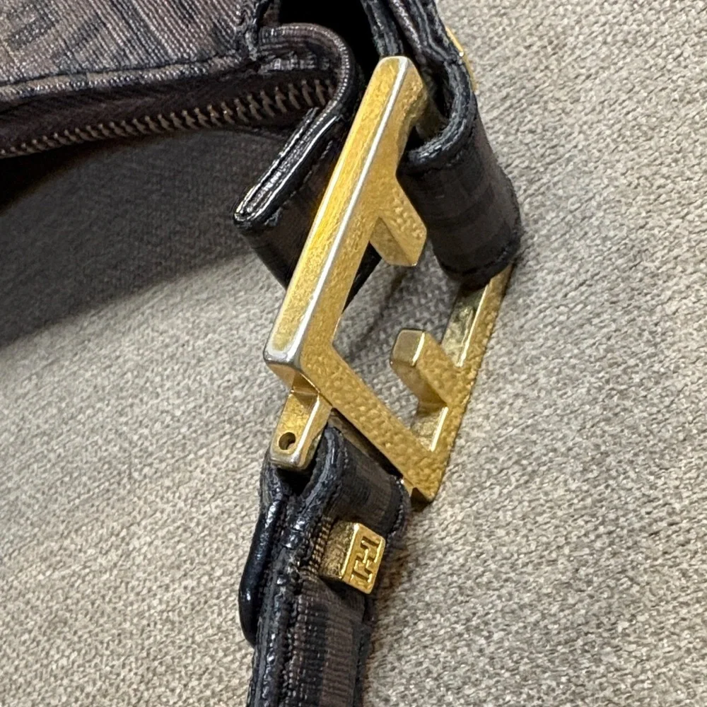 Authentic Fendi Dark Brown Zucchino FF Logo Hobo Bag with Gold-Tone Accents